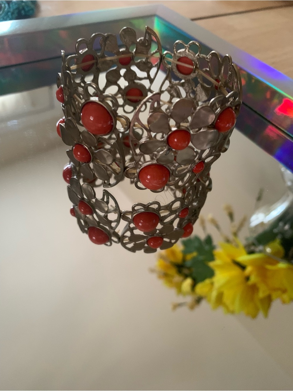 Floral Metal Accent Cuff with Coral Red Cabochons